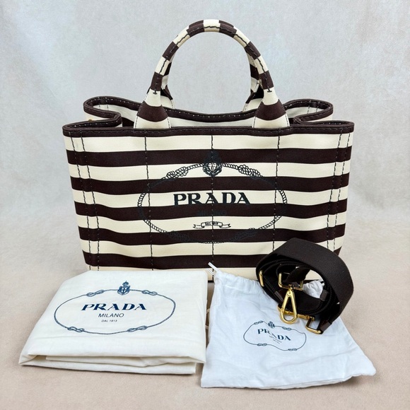 Prada Canapa Tote Chocolate Brown & Ivory Stripes w Strap + Dust Bags - Picture 17 of 17